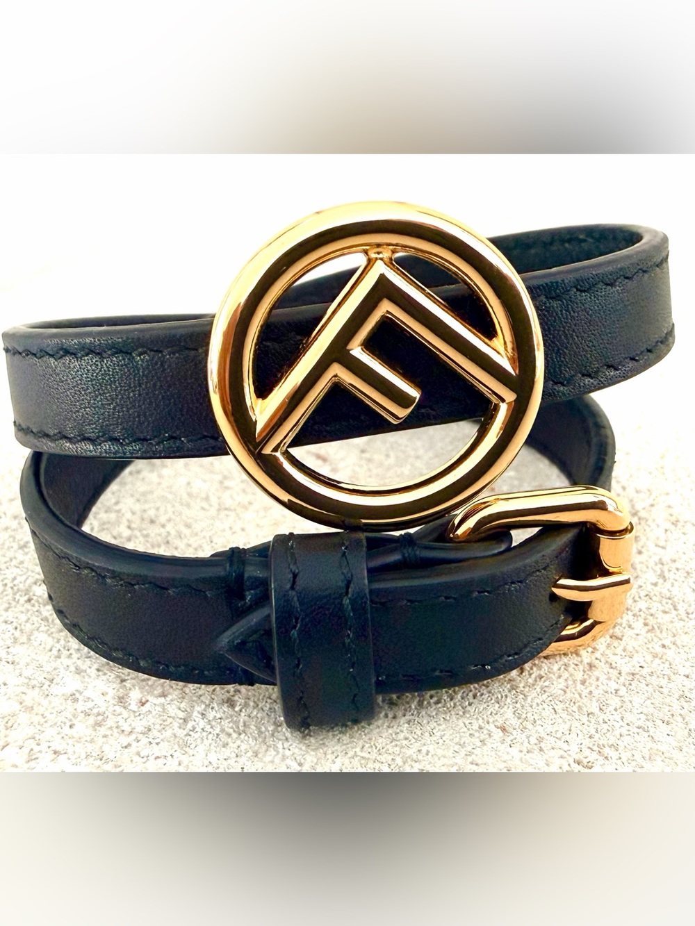 FENDI F Is Fendi Black Leather Gold Logo Wrap Bracelet Size M Like New + Box